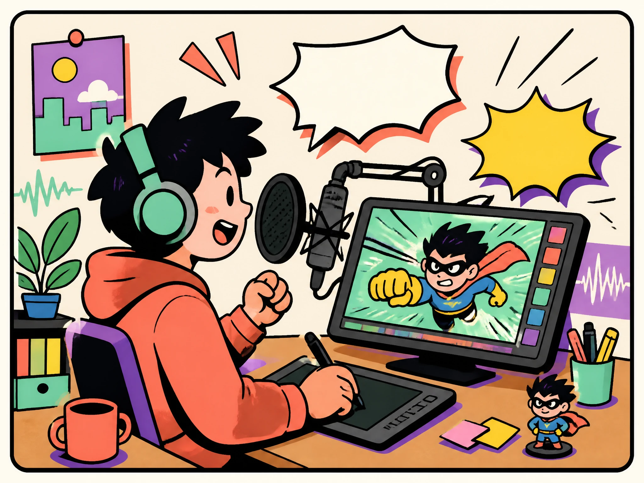 Fictional creator animating a manga scene and recording a voiceover